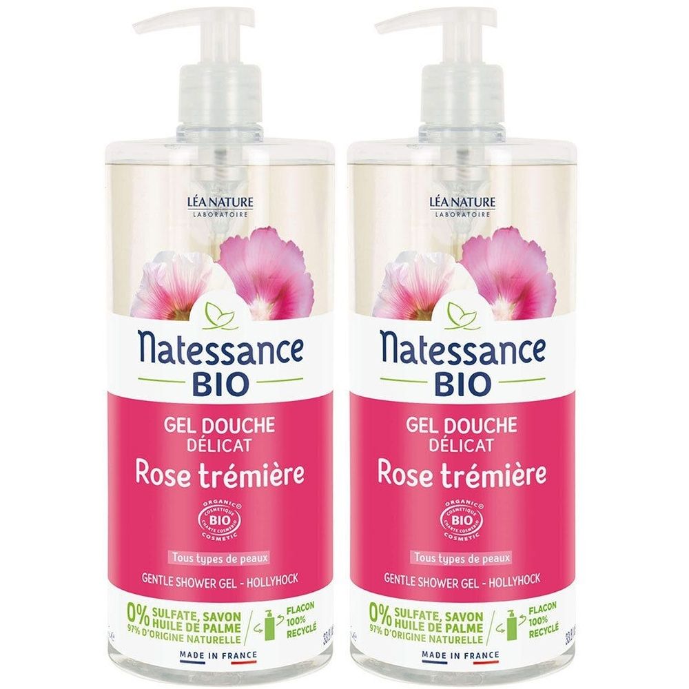 Twee transparante flessen met pomp. Opschrift: Natessance BIO, Gel Douche Délicat Rose trémière. Met bio-label.