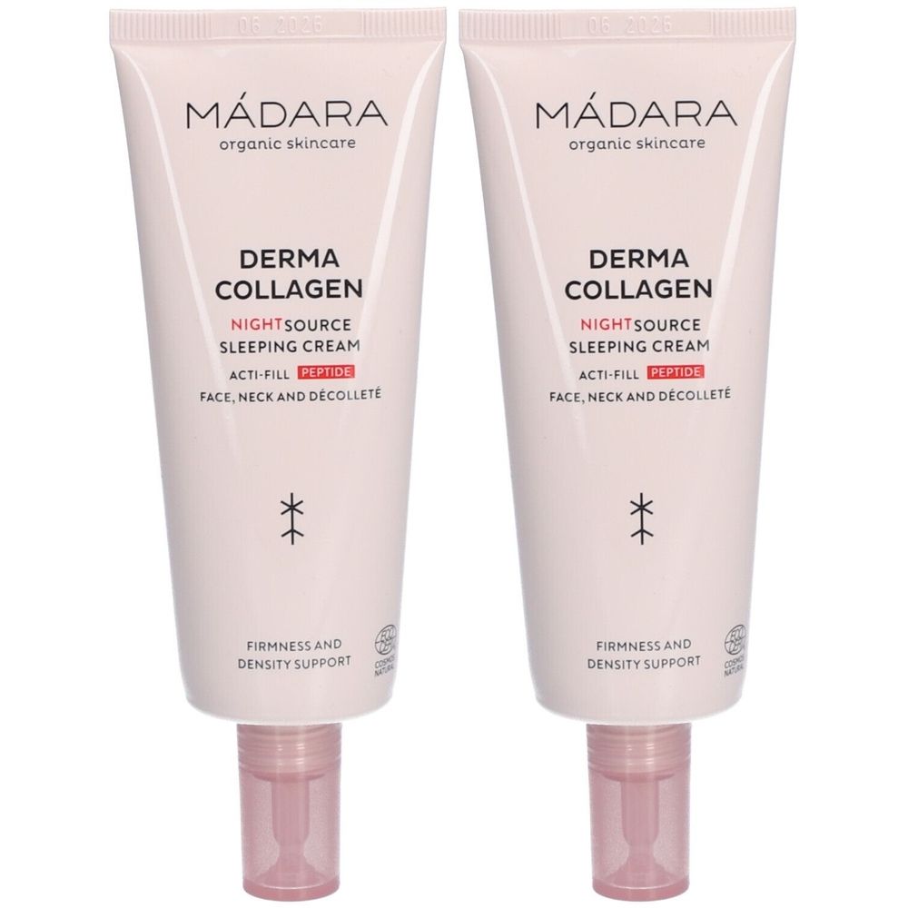 Twee tubes nachtcrème. Opschrift: Mádara, Derma Collagen, Nightsource Sleeping Cream. Roze tube met roze dop.