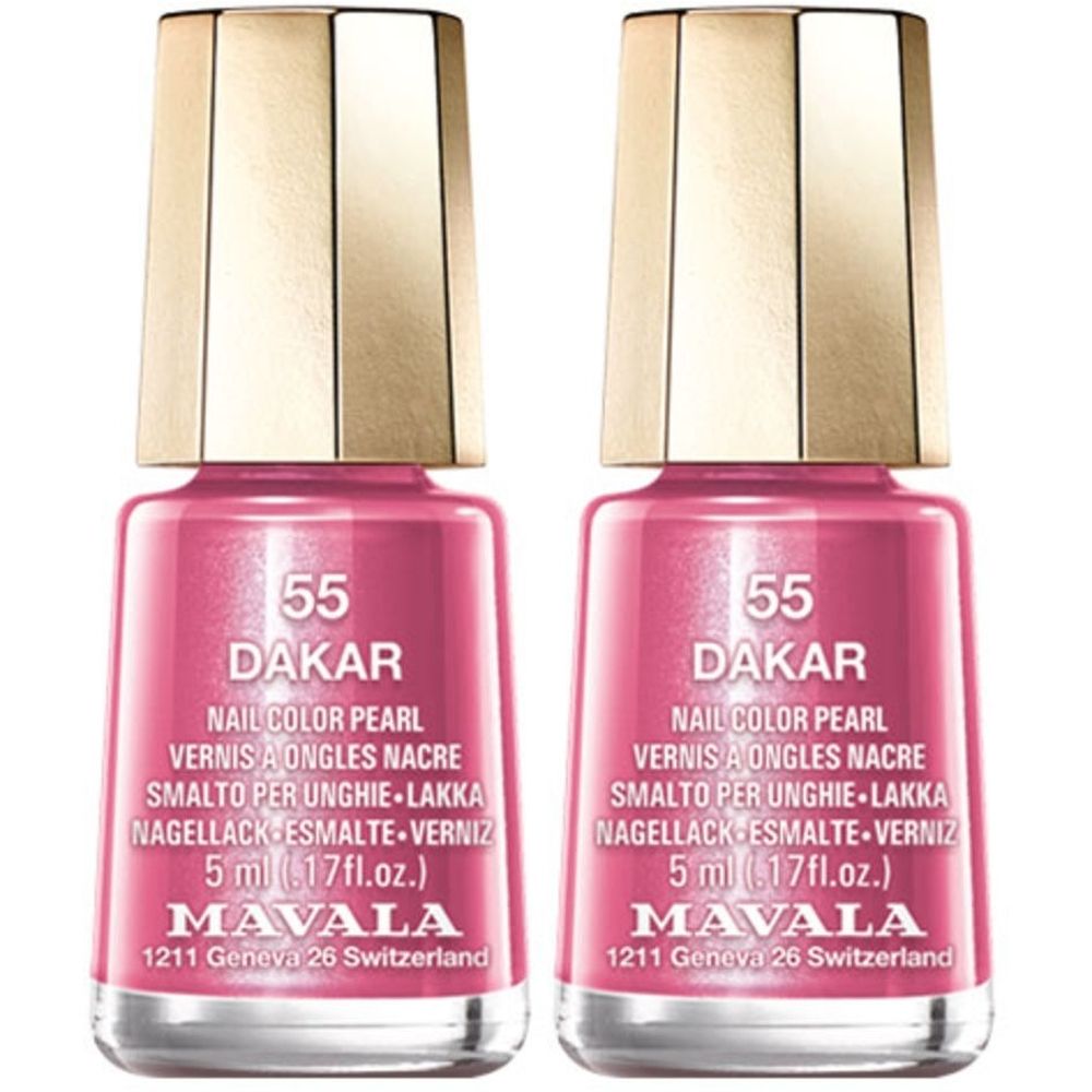 Twee flesjes roze nagellak. Gouden dop. Opschrift: 55 Dakar, Nail Color Pearl, Mavala.