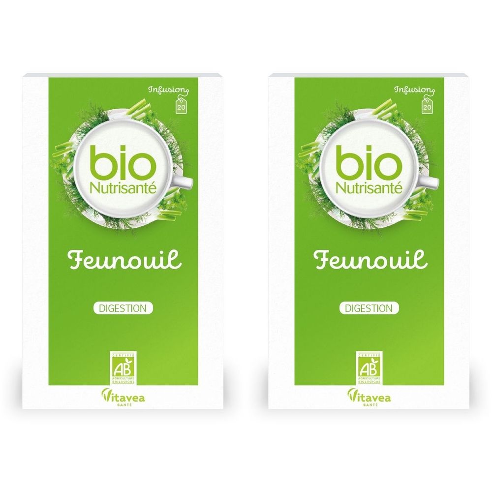 Twee groene verpakkingen met "bio Nutrisanté FENOUIL". Voor de spijsvertering. AB-logo en Vitavea.
