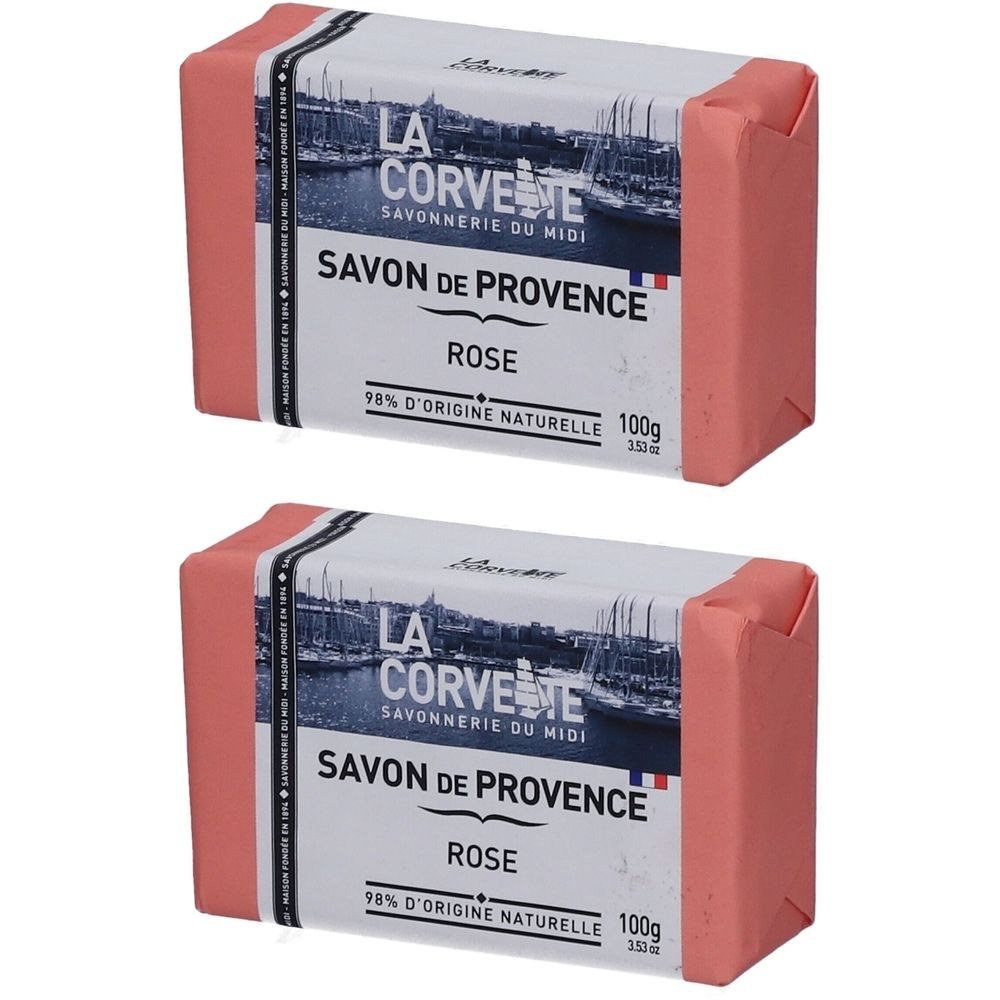 Deux savons LA CORVETTE Savon de Provence Rose, 100g chacun.