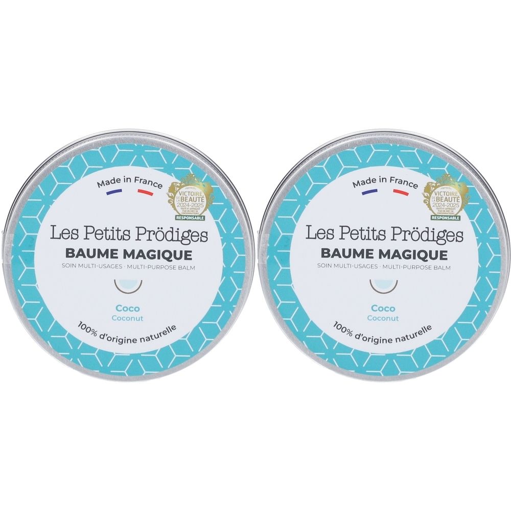 Twee ronde potjes. Opschrift: Les Petits Prödiges, Baume Magique, Coco. Met keurmerk en herkomst: Made in France.
