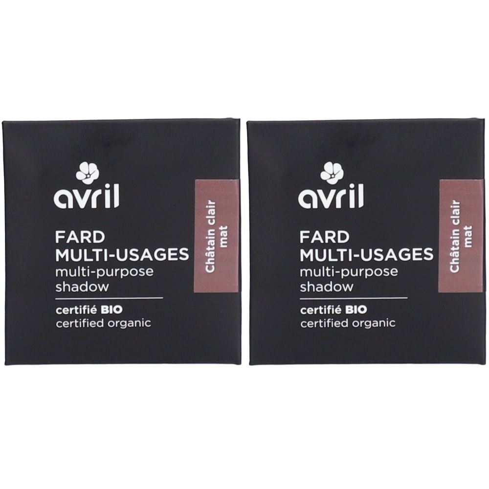 Twee zwarte, vierkante verpakkingen. Op elk staat "avril FARD MULTI-USAGES multi-purpose shadow certifié BIO certified organic". Label: "Châtain clair mat".