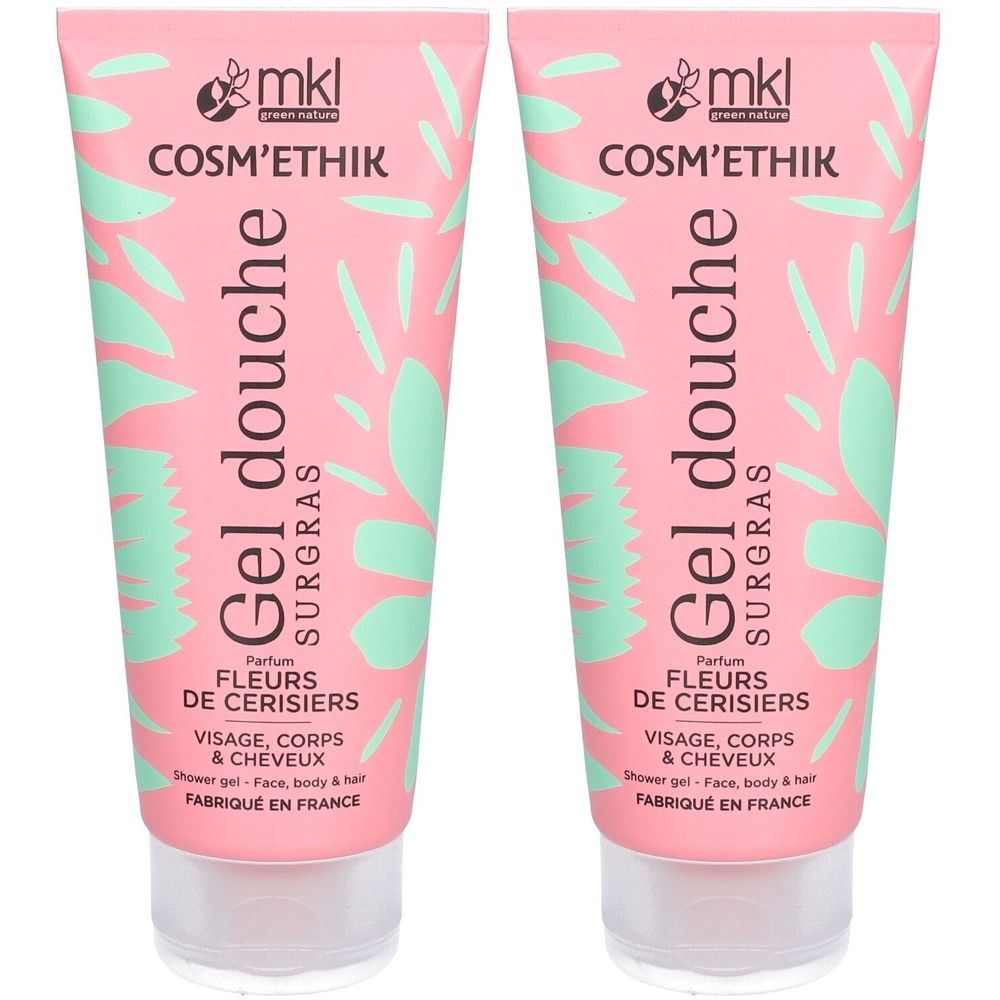 Twee roze tubes douchegel met bloemmotieven. Tekst: COSM'ETHIK, Gel douche, Fleurs de cerisiers. Fabriqué en France.