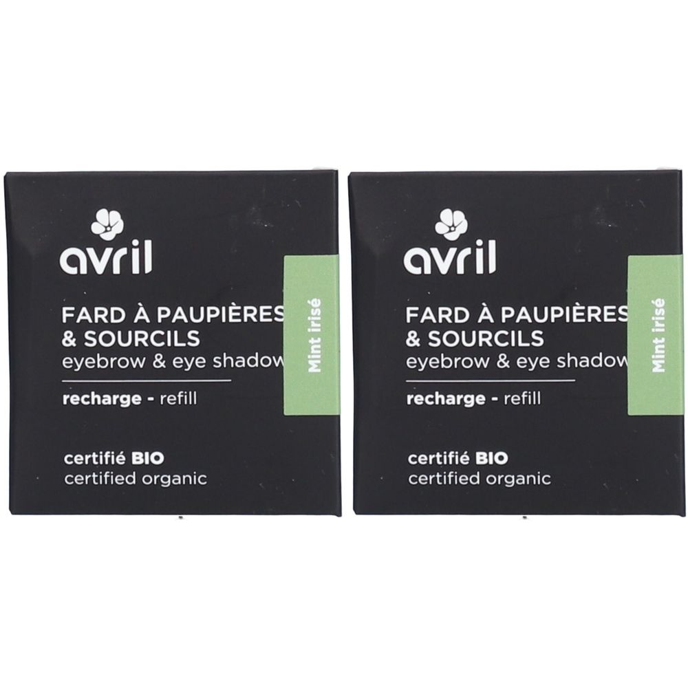 Twee zwarte vierkante verpakkingen met witte tekst. Opschrift: Fard à paupières & sourcils, gecertificeerd BIO. Mint Irisé op groene label.