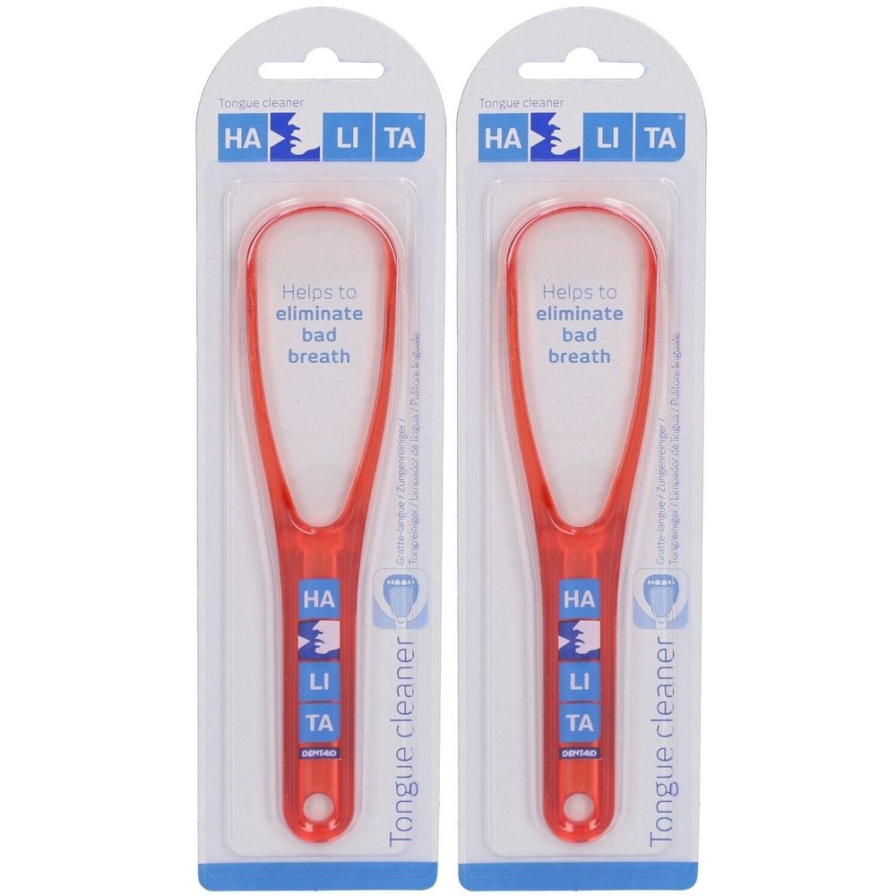 Deux gratte-langues rouges sous blister. L'emballage porte le nom HALITA et indique qu'il aide à éliminer la mauvaise haleine.