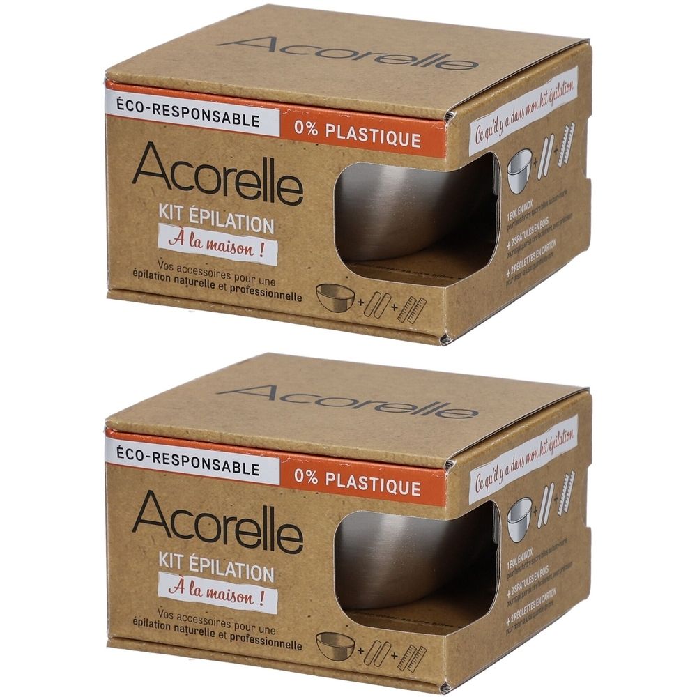 Twee dozen Acorelle Kit épilation à la maison. Opschrift ECO-RESPONSABLE, 0% PLASTIQUE. Venster toont metalen bakje.
