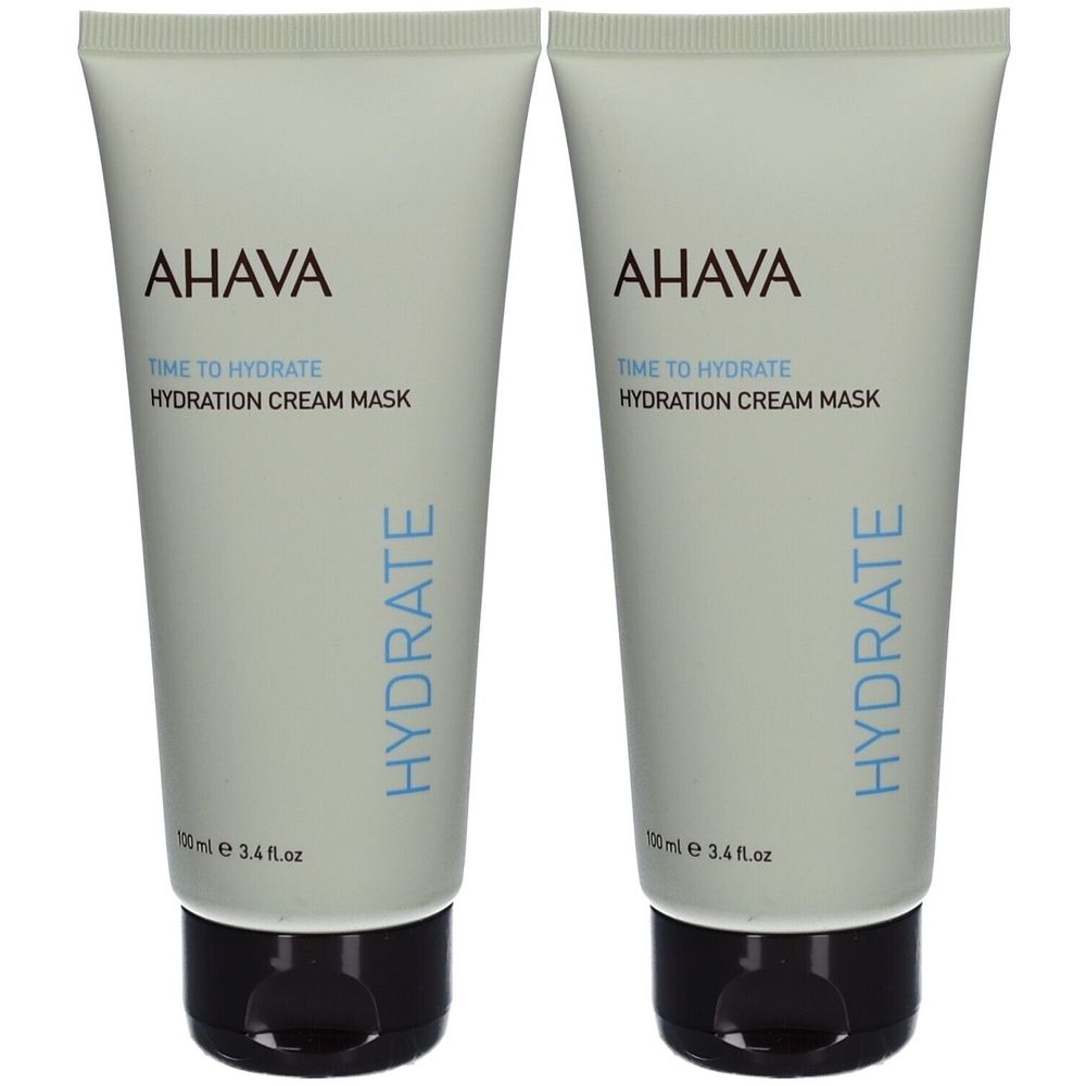 Deux tubes de crème AHAVA Time To Hydrate Hydration Cream Mask. Couleur gris clair, bouchon noir. Texte: HYDRATE.
