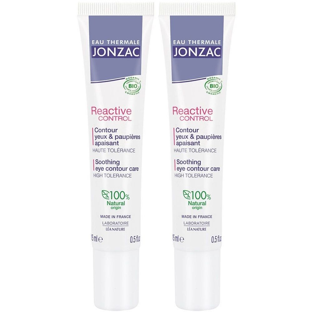 Twee tubes oogcontourcrème. Wit, met paarse en groene accenten. Opschriften: Jonzac, Reactive Control, Contour yeux & paupières apaisant, 100% Natural origin.