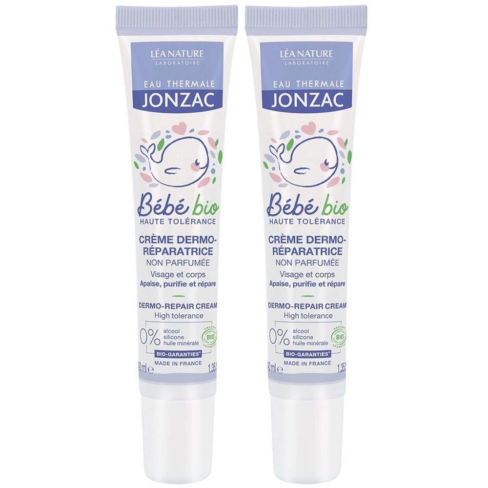 Twee tubes Jonzac Bébé Bio crème. Witte tubes met blauwe dop en opdruk. Bevat tekst als "Crème Dermo-Réparatrice". 