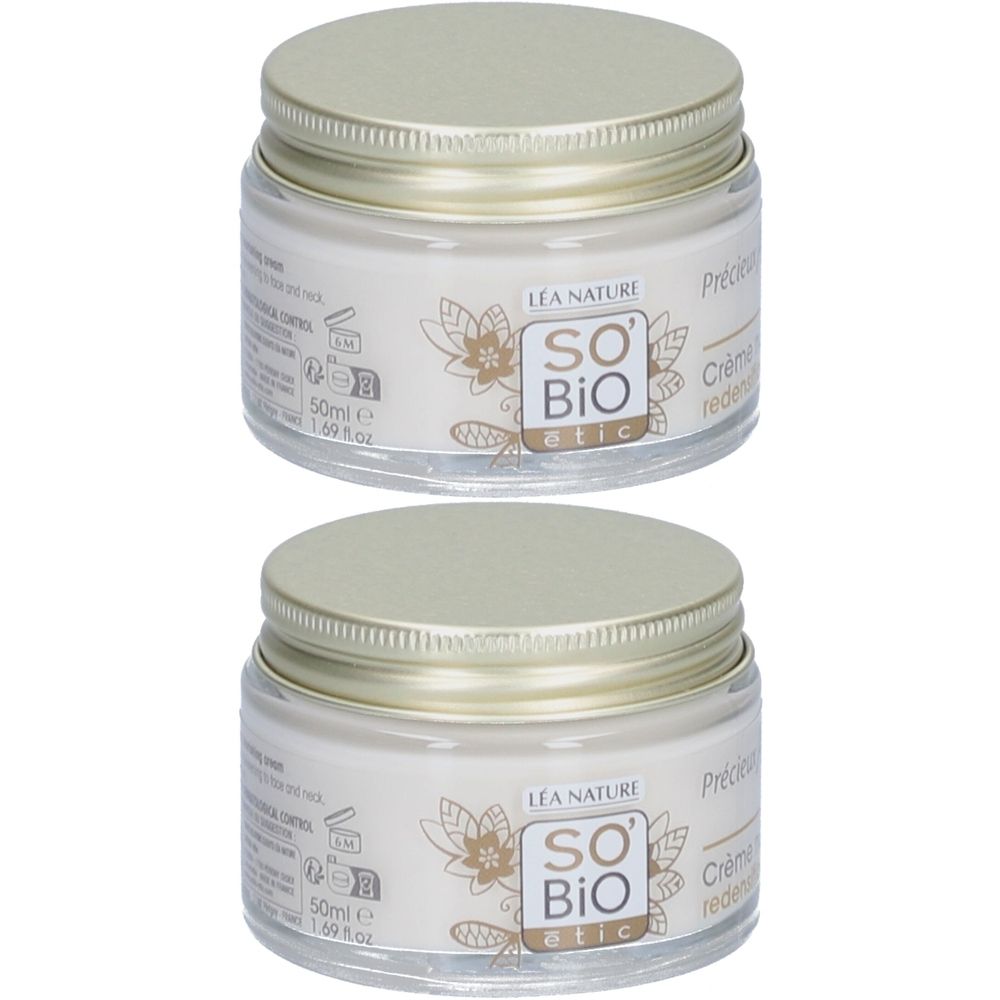Deux pots de crème avec couvercles à vis. Logos et texte sur les étiquettes. Inscription : SO BIO etic, 50ml.