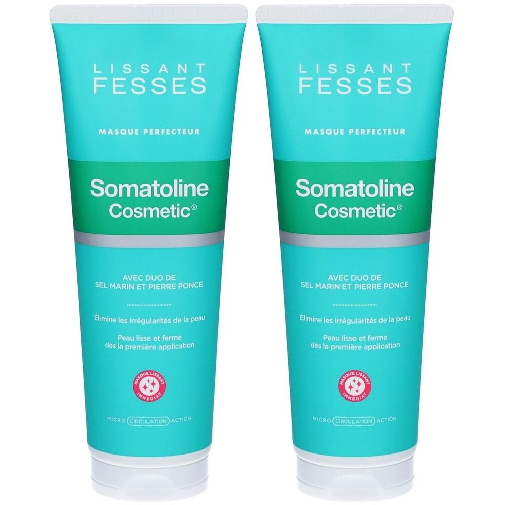 Twee tubes SOMATOLINE COSMETIC Lissant Fesses. Turkoois-wit ontwerp met productnaam en tekst. Bevat duo zeezout en puimsteen.