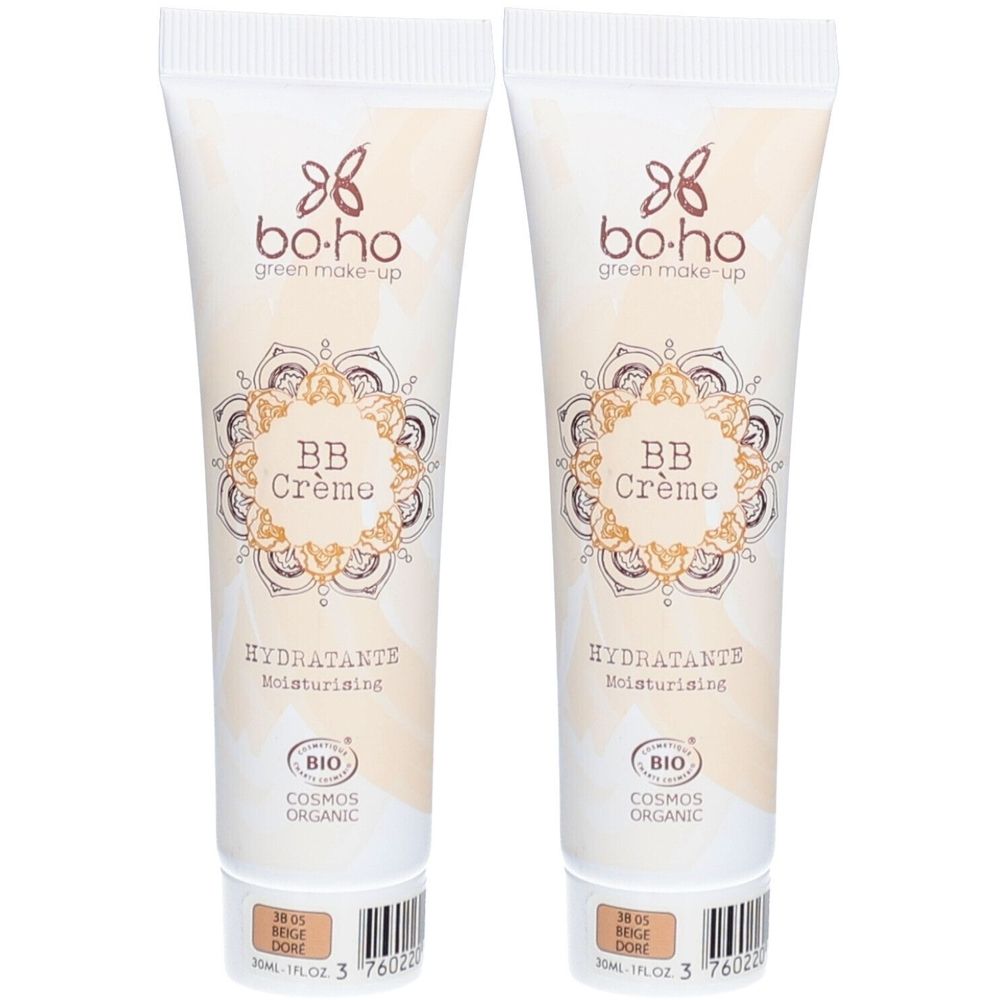 Twee tubes BB Crème. Opschrift: bo-ho green make-up, BB Crème, Hydratante, BIO COSMOS ORGANIC. Tint: 05 Beige Doré.