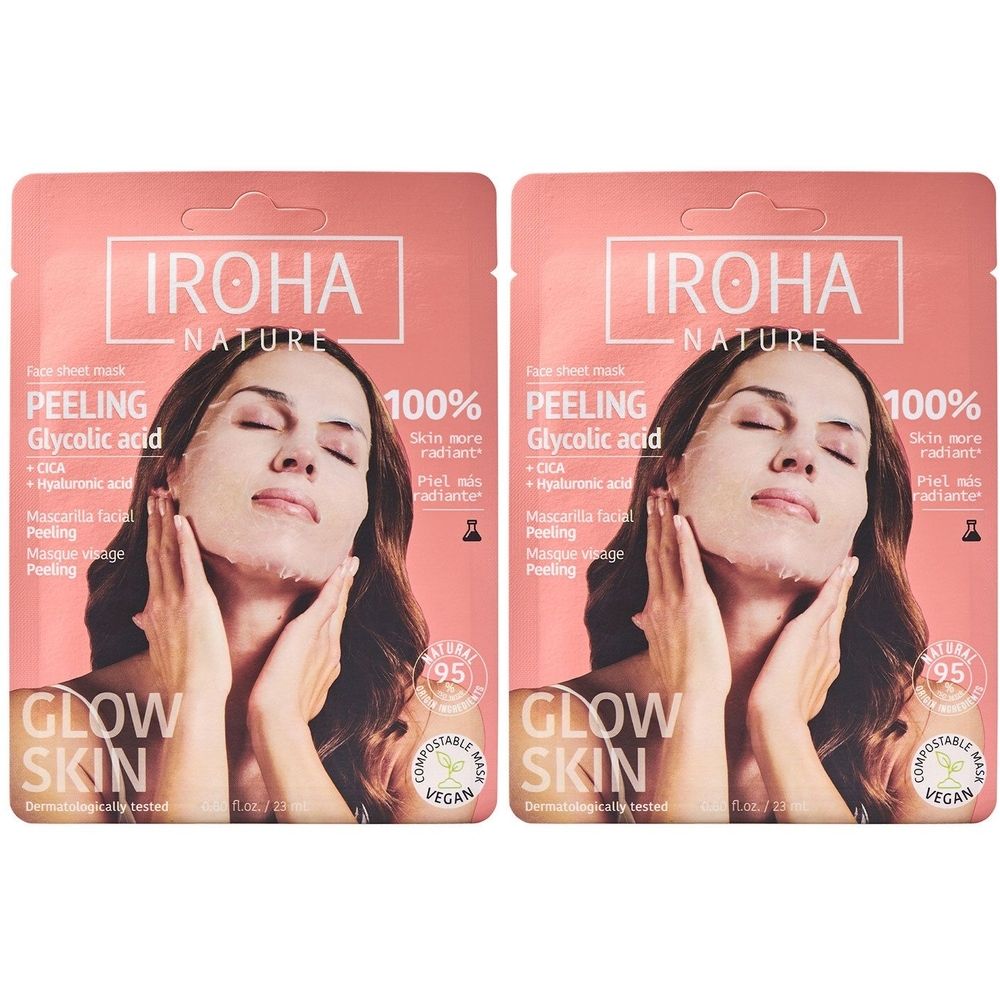 Twee gezichtsmaskers. Roze verpakking met productinfo en vrouw met masker. Tekst: IROHA NATURE, Peeling met glycolzuur.