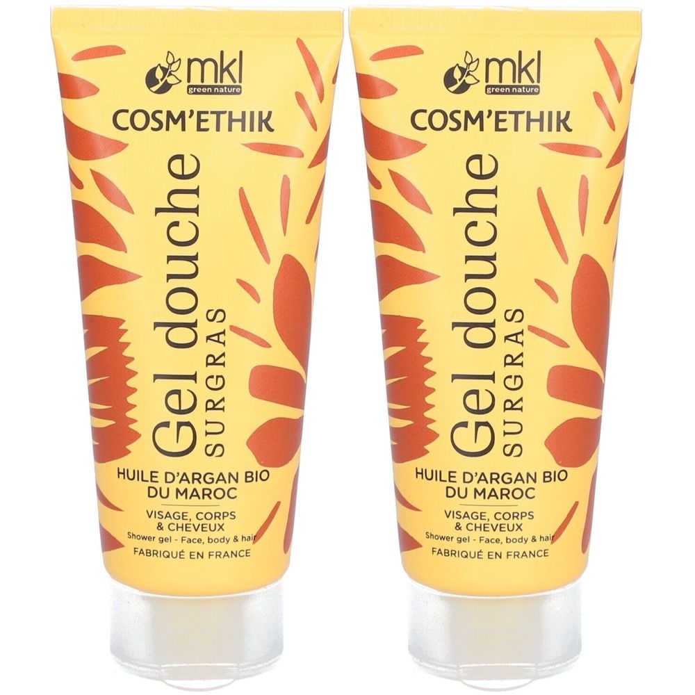 Deux tubes de gel douche jaune avec motifs floraux. Inscription: Gel douche, Huile d'Argan Bio du Maroc, Visage, Corps & Cheveux. Fabriqué en France.
