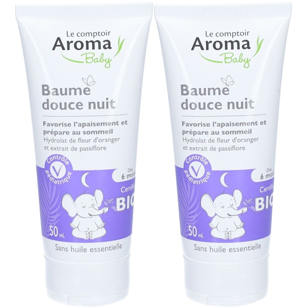 Twee tubes crème. Opschrift: Le comptoir Aroma Baby, Baume douce nuit. Bio-gecertificeerd. 50 ml.