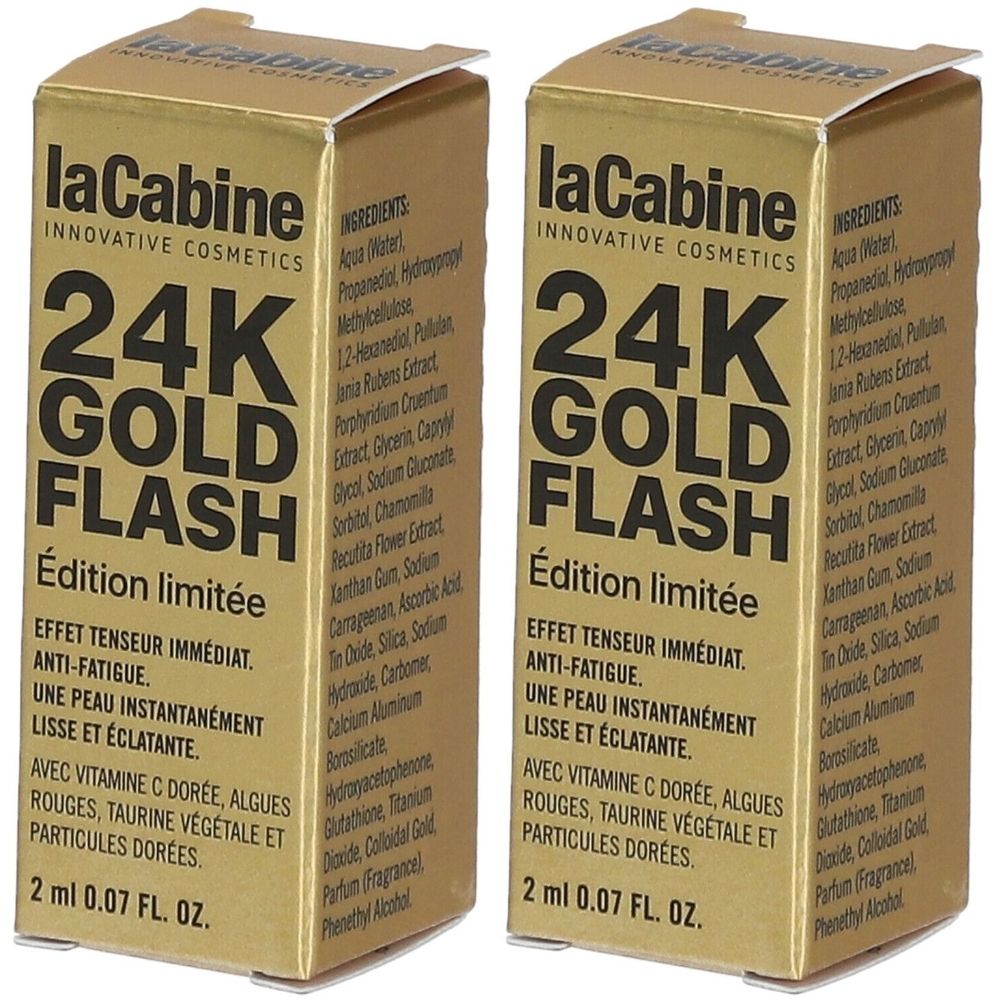 Twee goudkleurige dozen. Opschrift: 24K Gold Flash, Édition limitée. Bevat vitamine C, algen, taurine en gouddeeltjes.