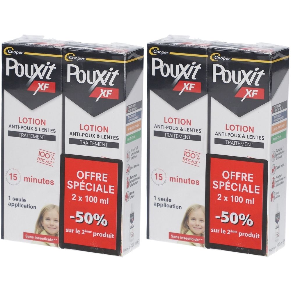 Deux boîtes de Pouxit XF Lotion. Emballage noir et blanc avec encart rouge. Inscription: Anti-Poux et Lentes. Offre spéciale.