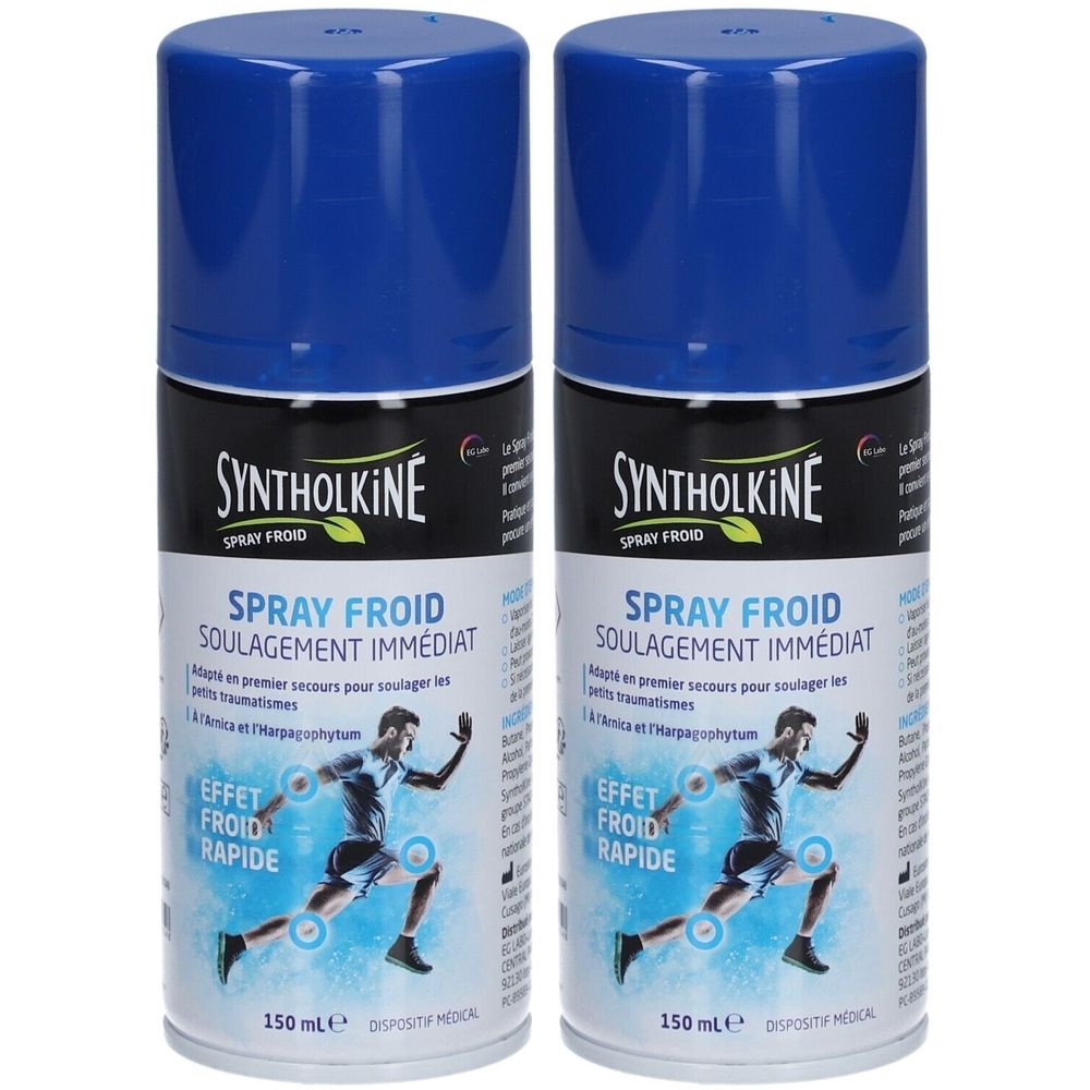 Deux sprays bleus. Inscription: SYNTHOLKINE SPRAY FROID, SOULAGEMENT IMMÉDIAT, EFFET FROID RAPIDE. 150 ml.