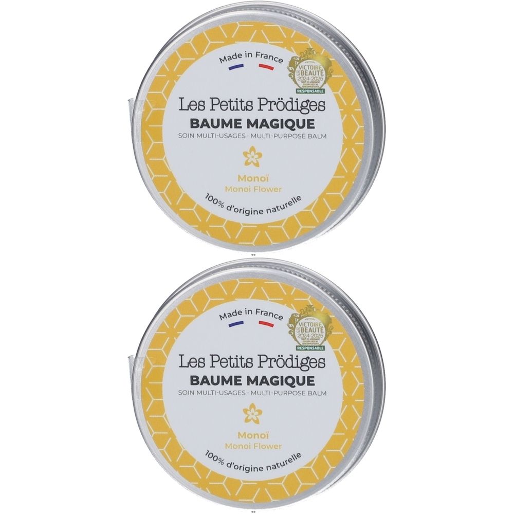Twee ronde metalen blikken. Opschrift: Les Petits Prödiges, Baume Magique, Monoi. Met Frans herkomstlabel.