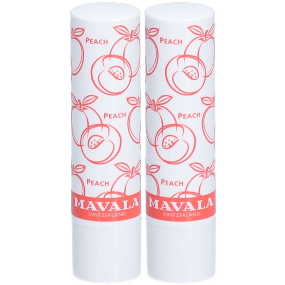 Deux sticks à lèvres blancs avec motifs pêche et inscription MAVALA SWITZERLAND.