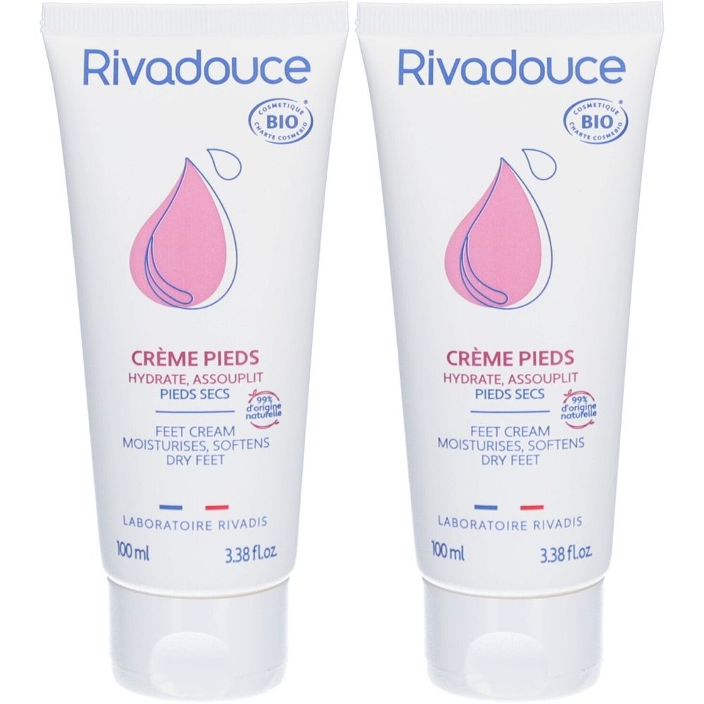 Deux tubes blancs avec design goutte rose. Inscription : Crème Pieds, hydrate, assouplit pieds secs. Marque : Rivadouce.