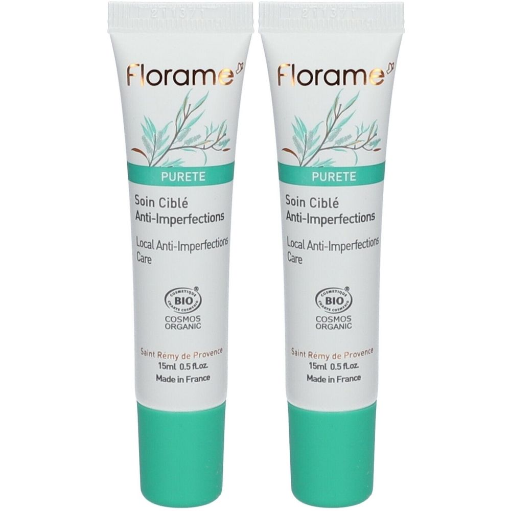 Deux tubes de soin anti-imperfections Florame. Fond blanc, bouchon vert. Inscription: Purete, Soin Cible Anti-Imperfections, certification Bio.