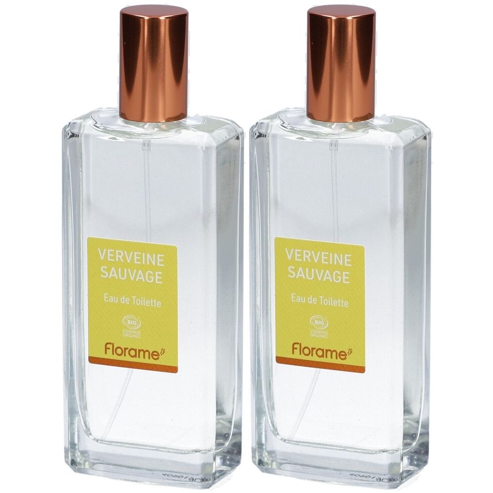 Deux flacons rectangulaires en verre avec bouchons cuivrés. Étiquette jaune : Verveine Sauvage, Eau de Toilette, Florame.