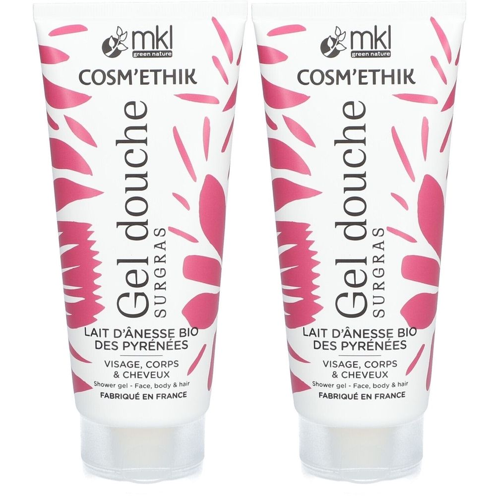 Twee tubes douchegel. Wit met roze bloemmotief. Tekst: COSM'ETHIK, Gel douche, Lait d'ânesse bio des Pyrénées, Visage, corps & cheveux.