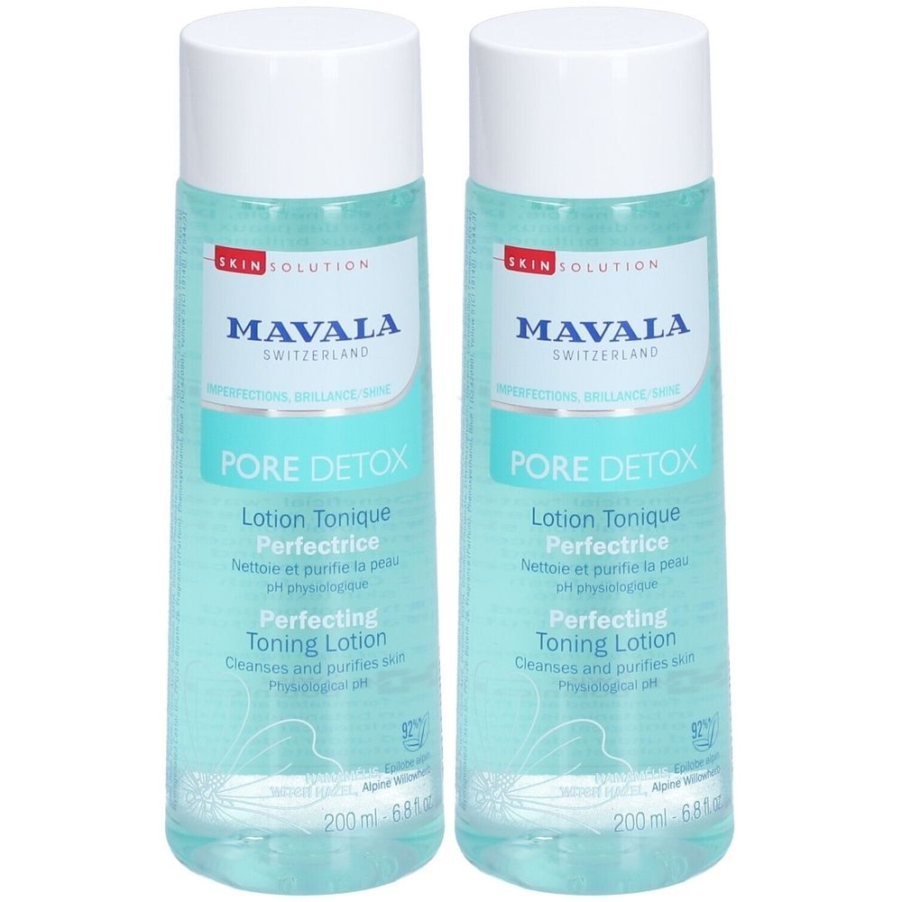 Deux flacons de lotion MAVALA Pore Detox. Liquide clair dans des flacons cylindriques avec bouchon blanc. Texte : Pore Detox, Perfecting Toning Lotion.