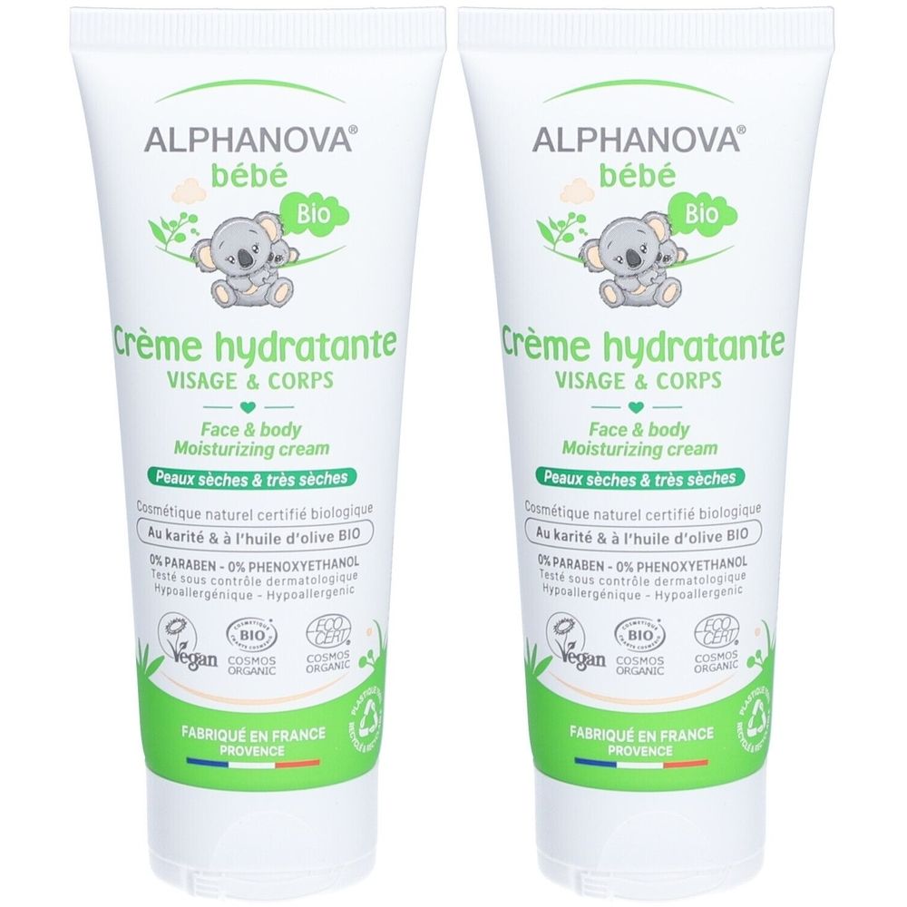 Deux tubes de crème hydratante visage et corps. Tubes blancs avec texte vert et logo koala. Certification bio. Fabriqué en France.