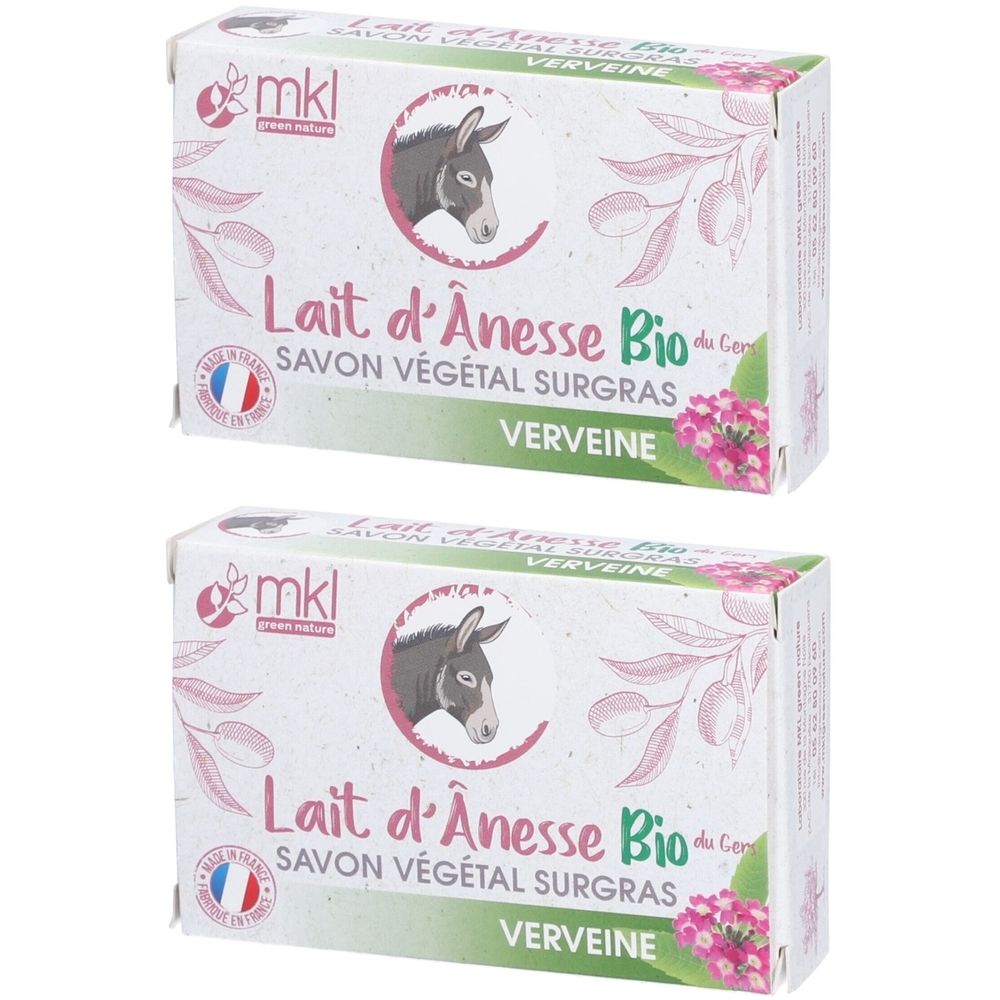 Deux boîtes de savon. Inscription : Lait d'Anesse Bio, Savon Végétal Surgras, Verveine. Logo : tête d'âne dans un cercle.