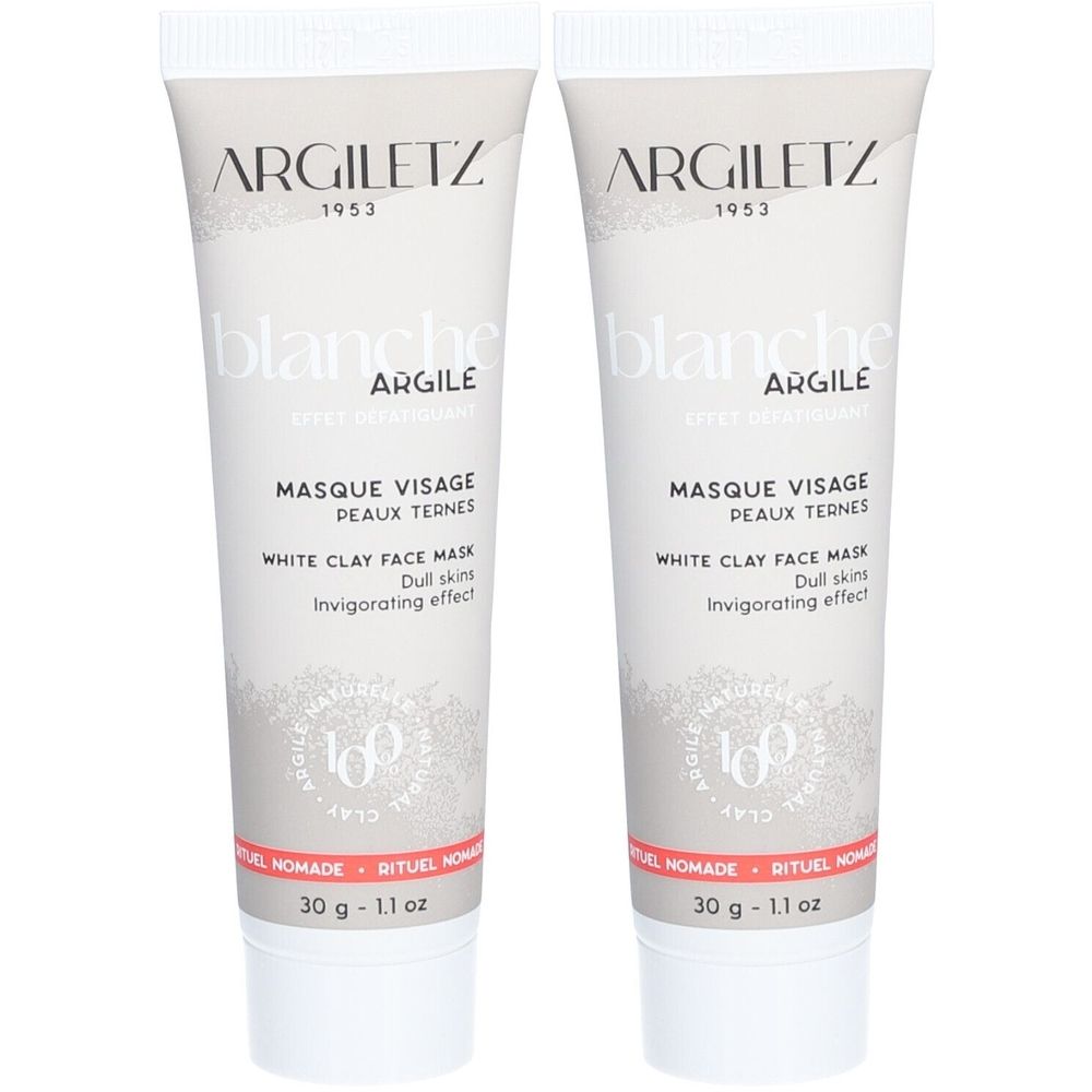 Twee tubes ARGILETZ masker met witte klei. Witte tubes met productinfo en logo. 30g.