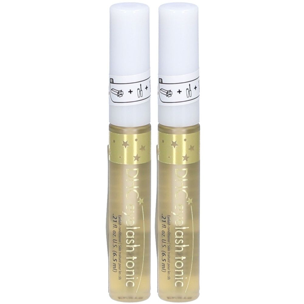 Deux flacons de DHC Eyelash Tonic. Flacons dorés avec bouchons blancs. Inscription : Eyelash Tonic, 21 fl oz. US (6,5 ml).