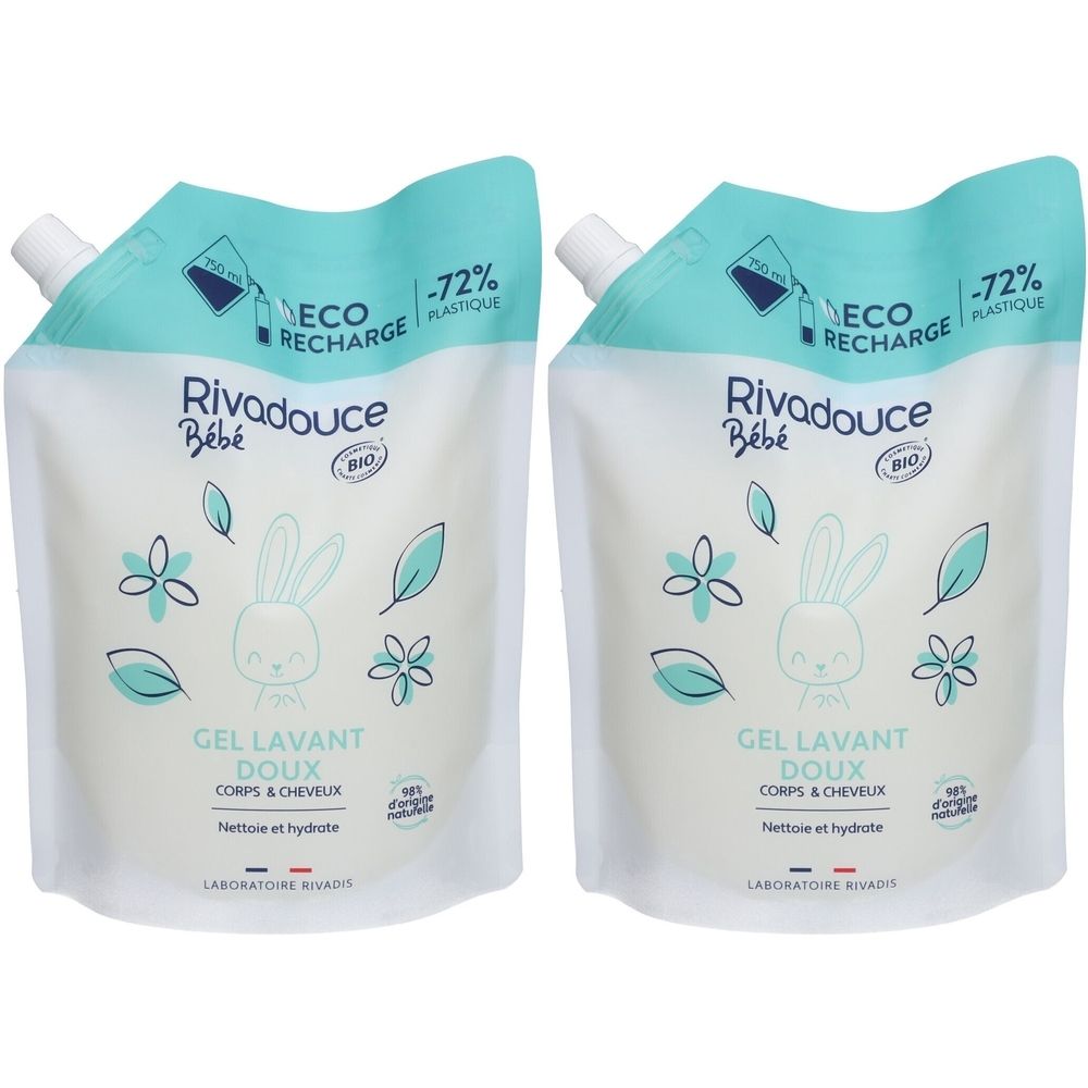 Twee navulverpakkingen. Wit met lichtblauwe dop. Opschrift: Rivadouce Bébé, Gel Lavant Doux, bio-certificering, -72% plastic.
