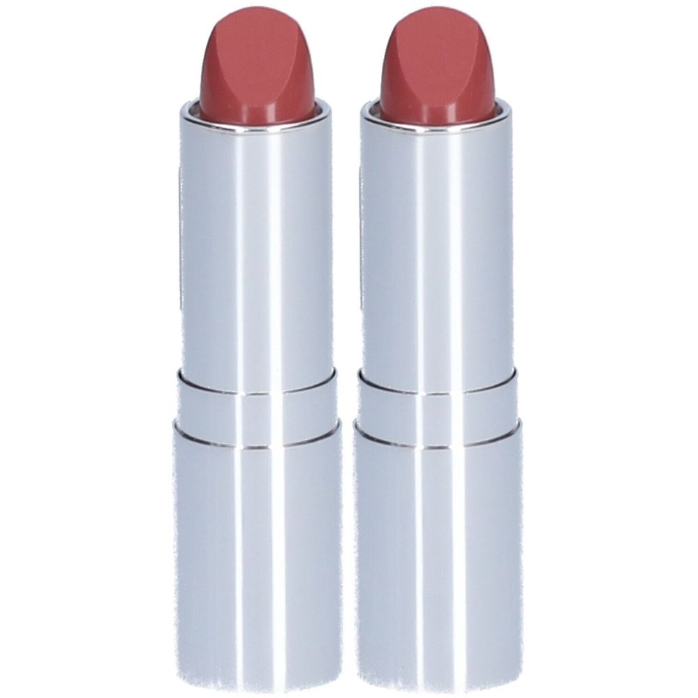 Twee roze lippenstiften in zilveren hulzen. De stiften zijn iets uitgedraaid.