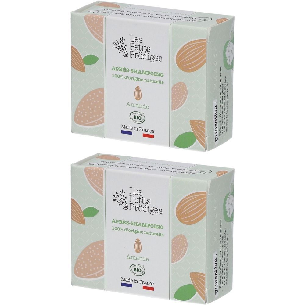 Twee rechthoekige dozen. Opschrift: Les Petits Prodiges, Après-Shampoing, Amande, Bio. Franse vlag. Amandelmotief.