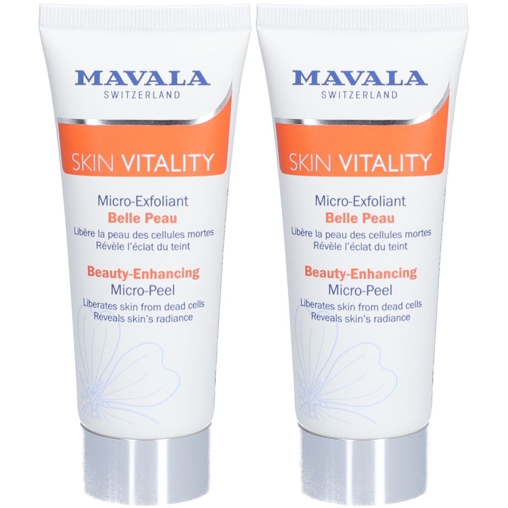 Twee tubes MAVALA Skin Vitality Mikro-Peeling Belle Peau. Witte tubes met oranje band en tekst. Productnaam en beschrijving.