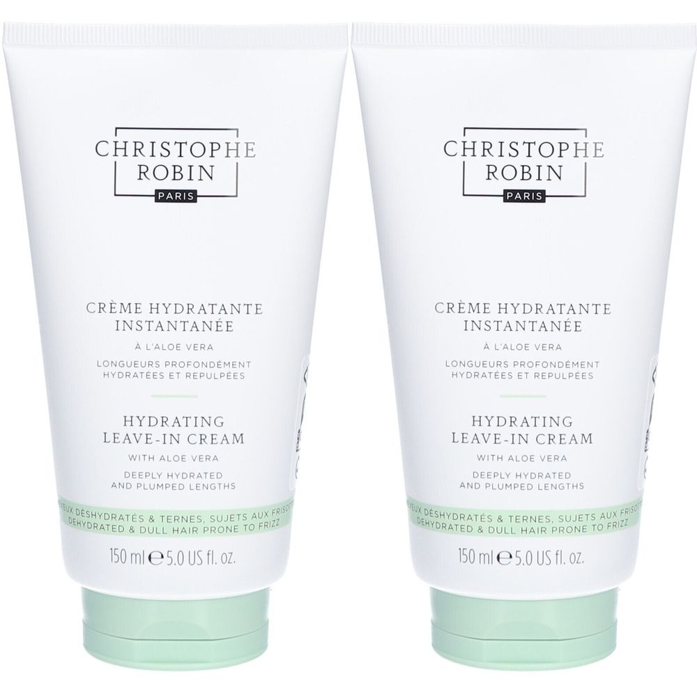 Twee witte crèmetubes met groene accenten. Tekst: CHRISTOPHE ROBIN, Crème Hydratante Instantanée, Hydrating Leave-in Cream.