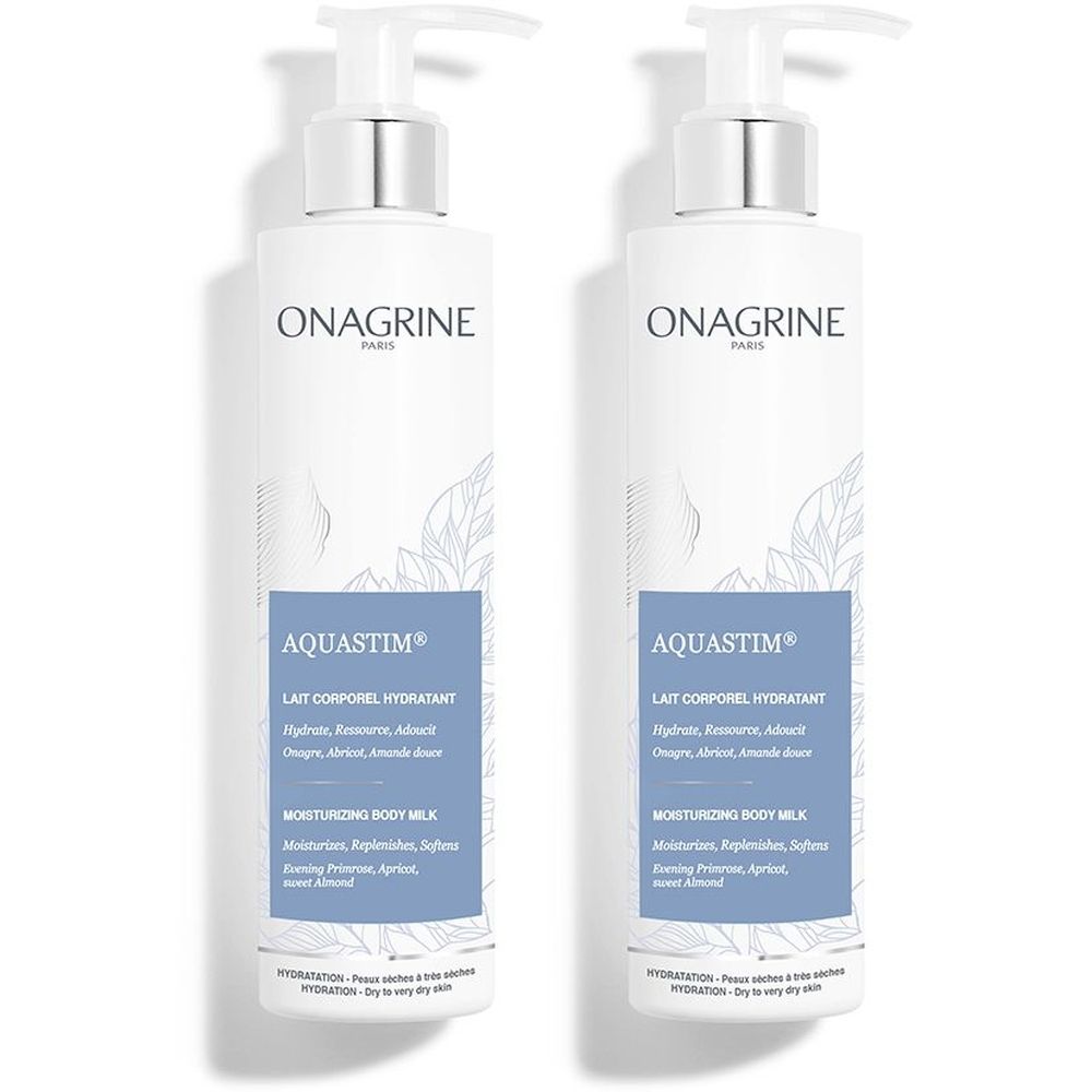 Twee witte flessen met pomp. Opschrift: ONAGRINE PARIS, AQUASTIM, Lait Corporel Hydratant. Blauwe tekst op witte achtergrond.