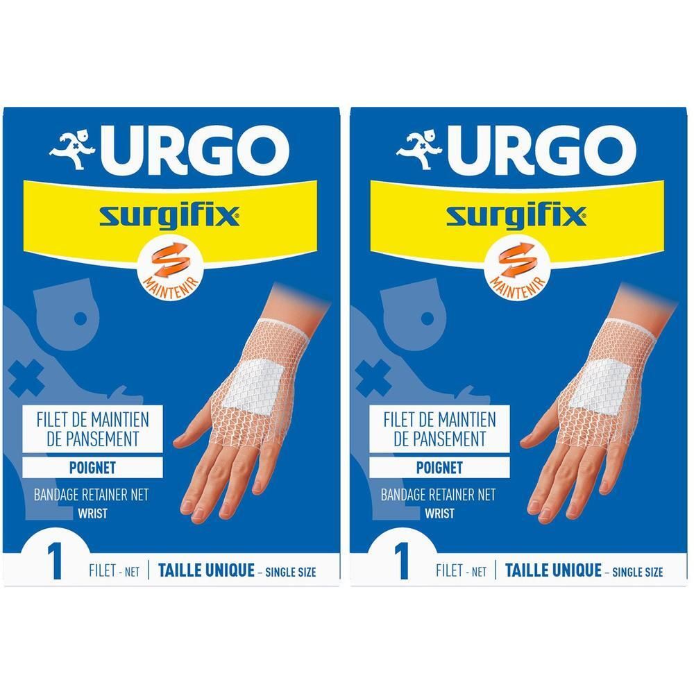 Twee verpakkingen Urgo Surgifix. Blauwe achtergrond, gele kader met logo en afbeelding: hand met netverband.