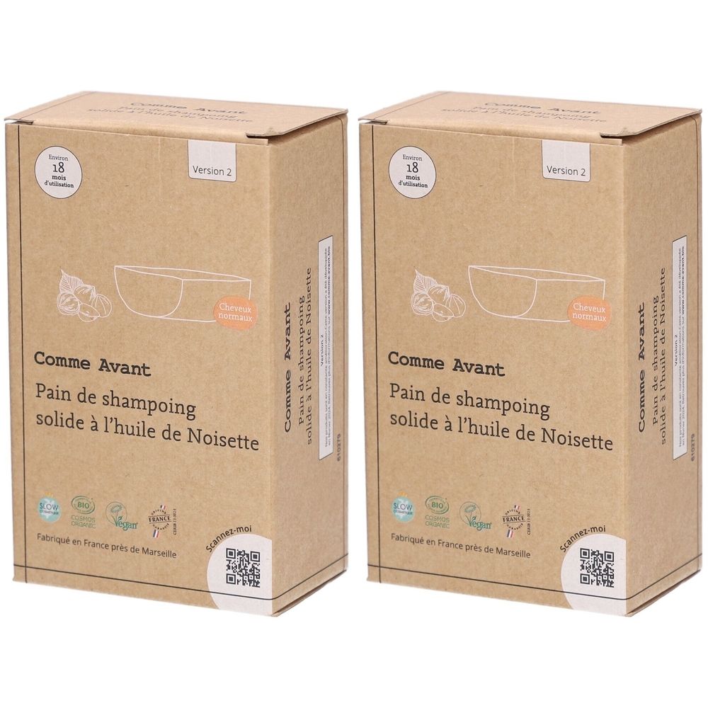 Twee rechthoekige kartonnen dozen. Opschrift: Comme Avant, vaste shampoo met hazelnootolie. Versie 2. Met logo's en QR-code.