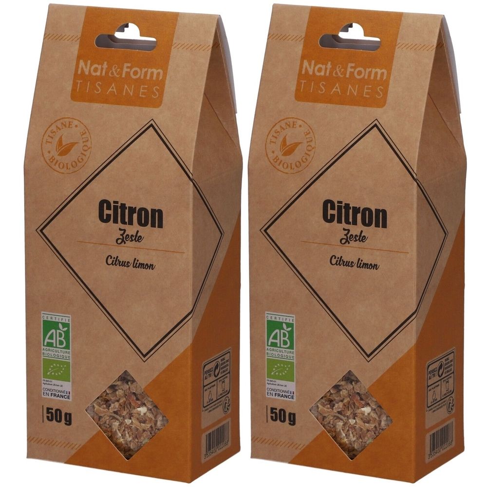 Twee pakken Nat&Form biologische citroenthee, elk 50g.