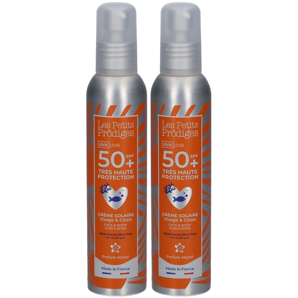 Deux flacons de crème solaire. Inscription : Les Petits Prodiges, SPF 50+, Crème Solaire Visage & Corps. Fabriqué en France.
