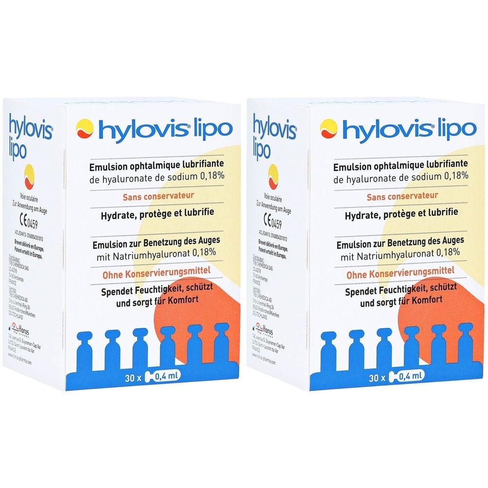 Twee dozen oogemulsie. Merk: hylovis lipo. Bevat 30 individuele doses. Tekst in het Duits en Frans.