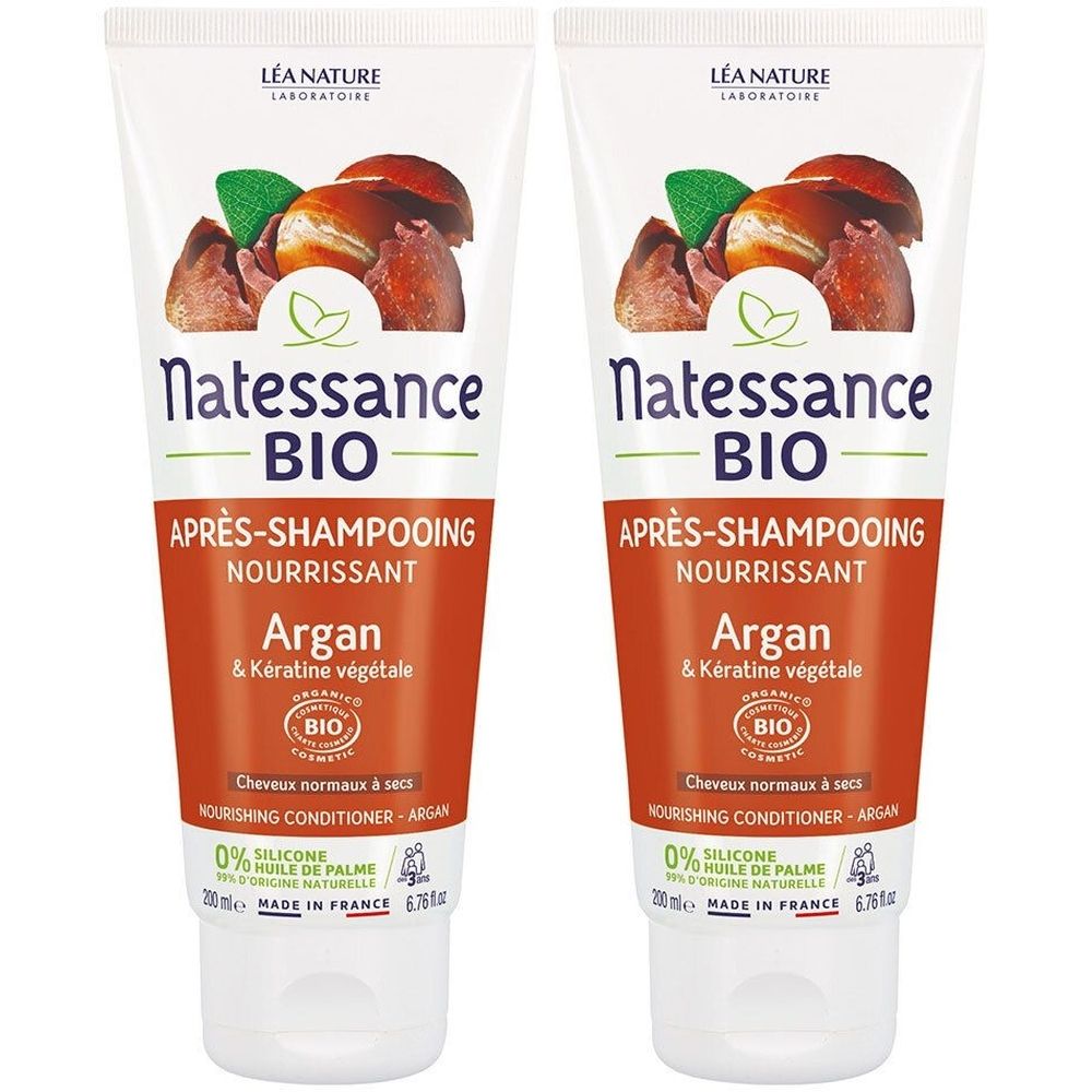 Twee tubes Natessance Bio Après-Shampooing. Wit-oranje tubes met productafbeelding en tekst. Opschrift: Argan & Kératine végétale.