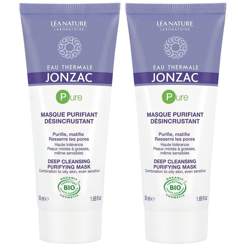 Twee tubes gezichtsmasker. Wit, met paarse en groene accenten. Tekst: Jonzac, Pure, Deep Cleansing Purifying Mask. Bio-certificering.