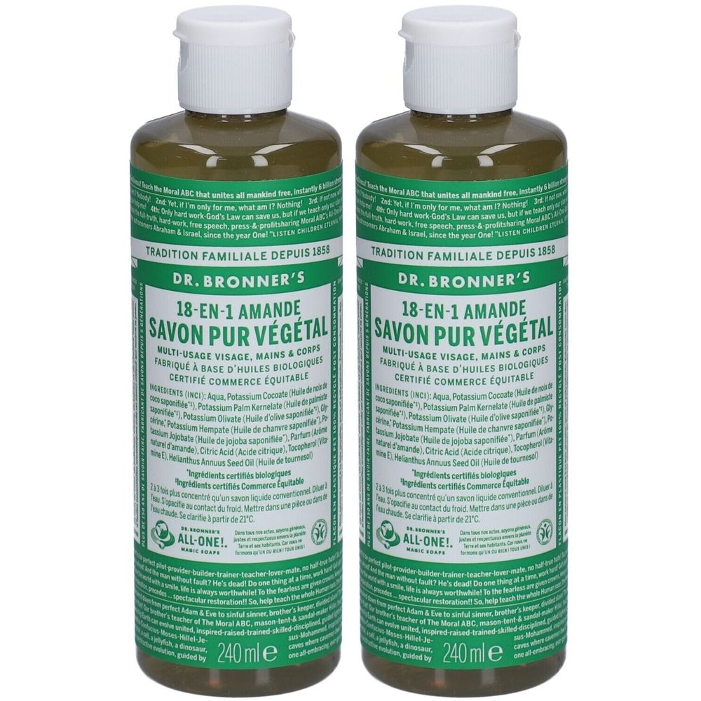 Deux flacons de savon DR. BRONNER'S 18-en-1 Amande. Étiquettes vertes avec texte. Bouchons blancs. 240 ml.