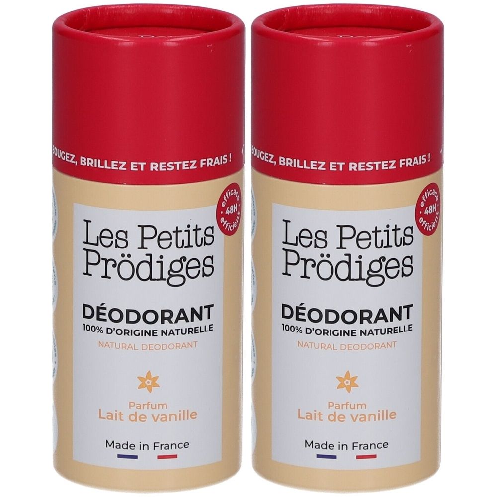 Twee cilindrische deodorants met rode deksel. Opschrift: Les Petits Prodiges, Déodorant, Lait de vanille. Gemaakt in Frankrijk.
