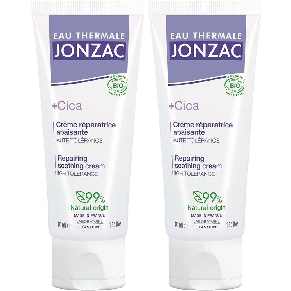 Deux tubes de crème réparatrice apaisante Jonzac +Cica, 40ml, 99% d'origine naturelle.